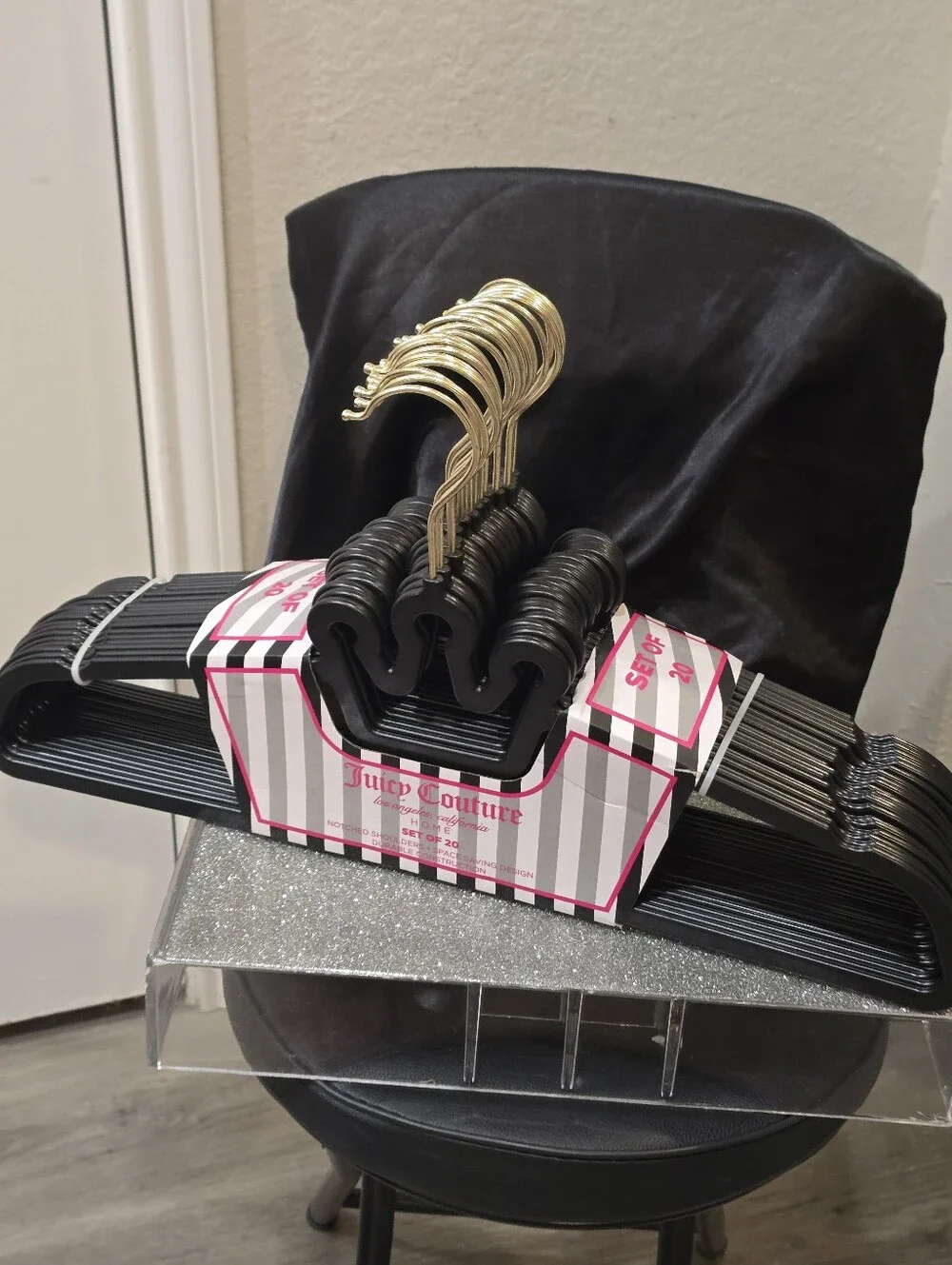 Juicy Couture Notched Shoulder Space Saving Crown Set of 20 Hangers-Black/Gold